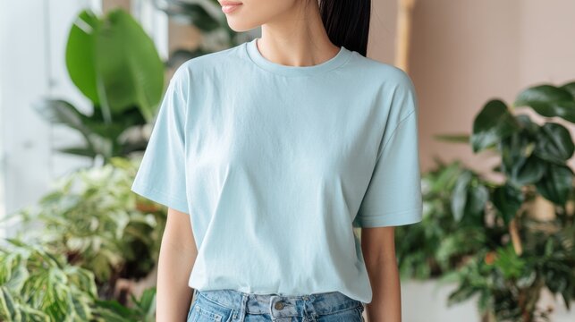 photorealistic t-shirt mockup, half-body, adult Asian woman, oversized pastel blue t-shirt