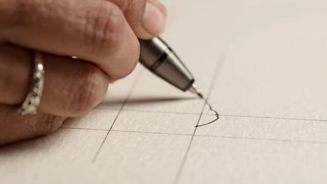 Person's hand holding a metallic pen writing on a grid paper