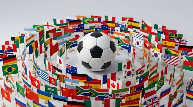 Classic black and white soccer ball surrounded by a circular arrangement of many international miniature colorful flags on wooden sticks against a clean white background