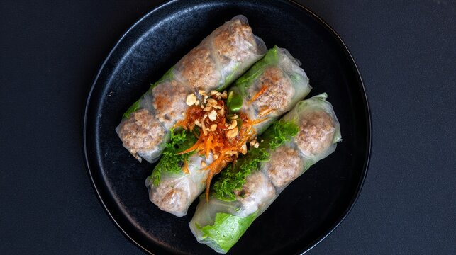 Spring rolls with minced meat inside, on a black plate