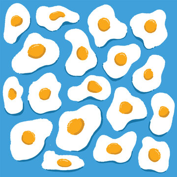 Cute hand-drawn fried eggs pattern on bright blue background