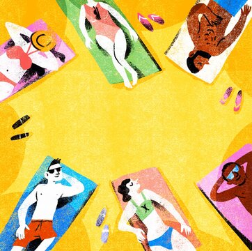 Top View Beach Scene with People Sunbathing on Towels