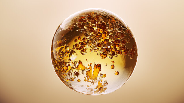 Abstract golden bubbles inside transparent glass sphere