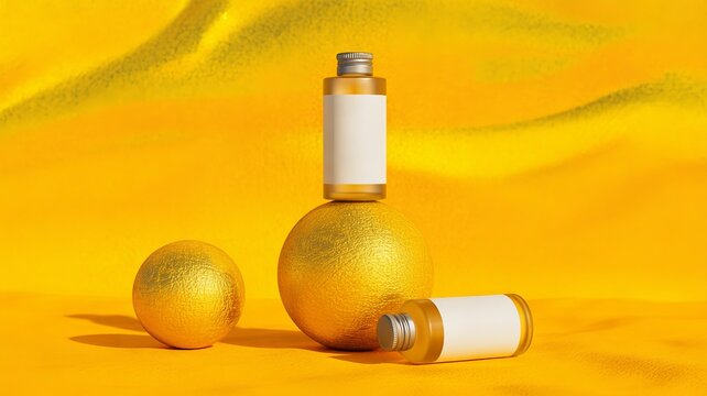 Luxury skincare product with gold elements and yellow background blank label anti aging skincare cosmetic container treatment wellness fragrance background minimalist advertisement