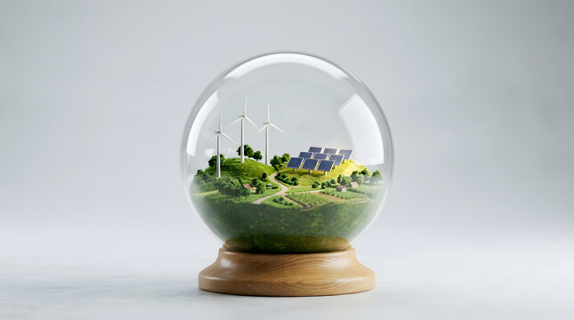 An abstract 3d transparent glass sphere containing a vibrant easter egg and green grass reflects a clear nature world like a crystal bubble isolated on a white background