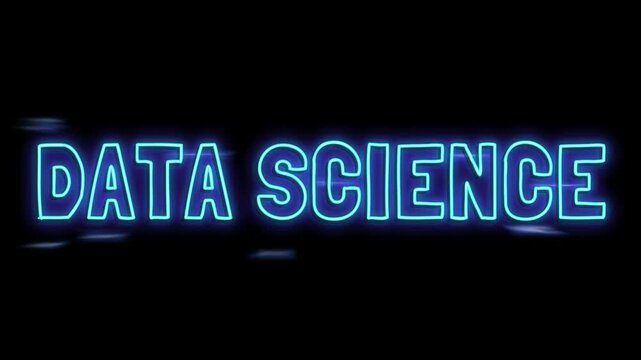 Glowing blue neon text animation of 'data science' on black background with motion effect