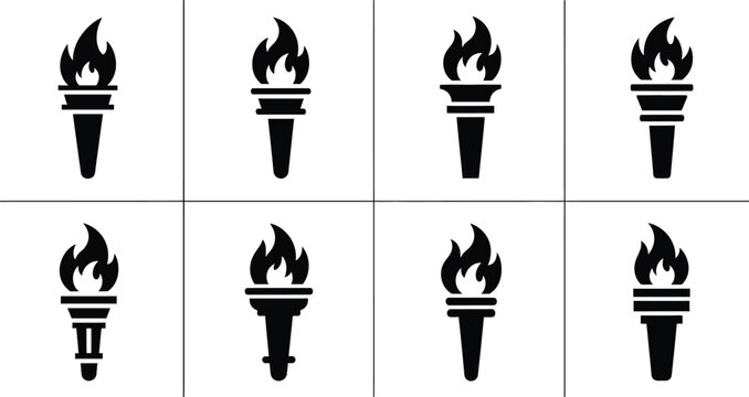 Eight black silhouette torch icons isolated on white background olympic flame symbolism