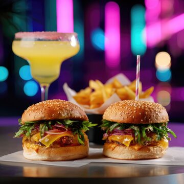 Delicious cheeseburgers with fresh ingredients served with golden fries and colorful cocktail on a vibrant background