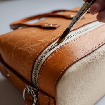 Leather handbag being carefully painted with small brush by hand.