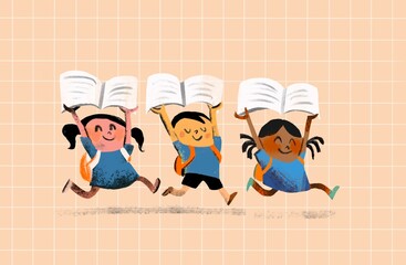 Running School Children Holding Open Notebooks – Education Concept