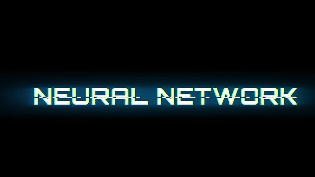 Glitchy neural network animation with distorted text on black background