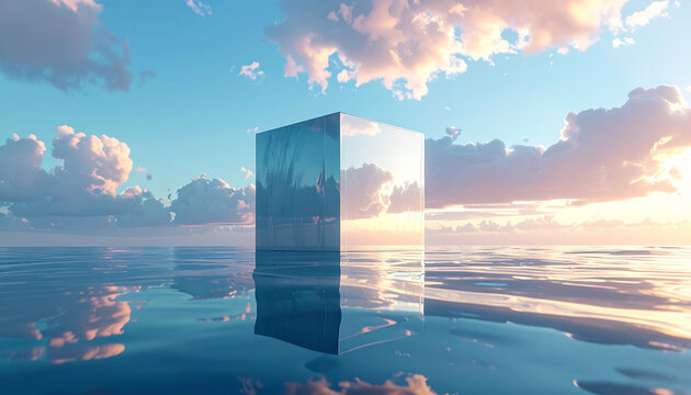 glass cube on calm water with cloudy sky reflection