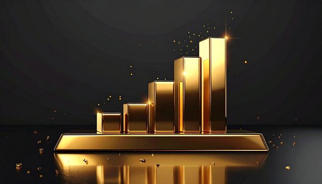 Golden bars chart graph with rising trend on reflective surface