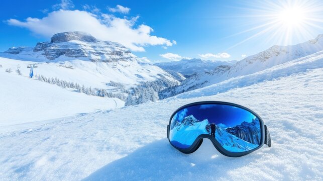 Ski goggles on snowy mountain slope