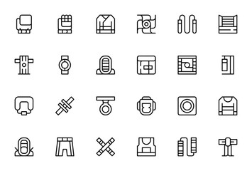 Martial Arts icon set. Minimal thin line web icons pack. Vector illustration. Featuring boxing gloves, glove, kimono, shuriken, skip rope, boxing ring, champion belt, mask, wristband, tatami, boxing b © wang