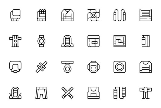 Martial Arts icon set. Minimal thin line web icons pack. Vector illustration. Featuring boxing gloves, glove, kimono, shuriken, skip rope, boxing ring, champion belt, mask, wristband, tatami, boxing b