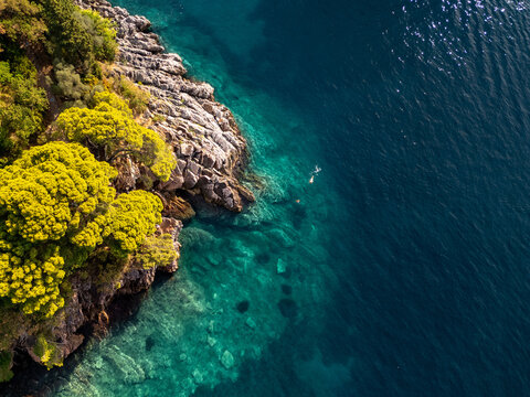 Clear Water and Rocky Shore With Swimming Activity at Midday, aerial