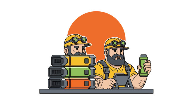 Industrial Workers Managing Energy Storage Battery Units Illustration