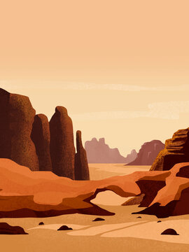 Desert landscape with rock formations and natural arch