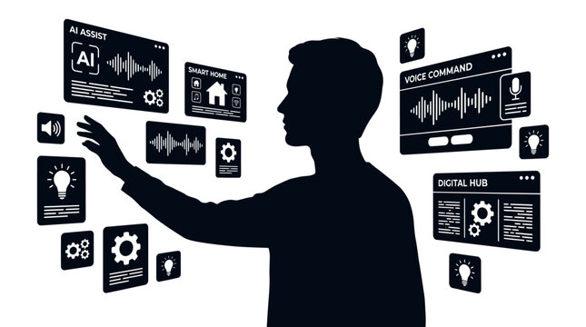 Man interacting with digital interface screens and ai icons in black silhouette