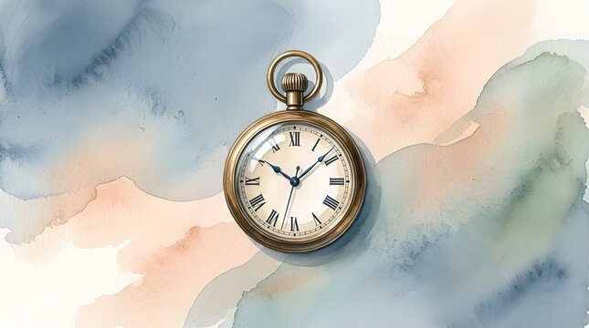 Antique pocket watch with roman numerals on a watercolor background, vintage timepiece illustration