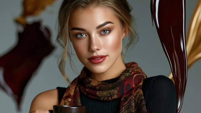 Alluring beautiful woman surrounded by floating abstract splashes of rich dark espresso merging seamlessly with liquid gold ribbons defying gravity.