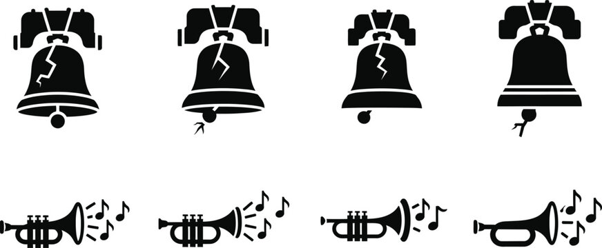 Collection of cracked bell and trumpet icons in black silhouette style