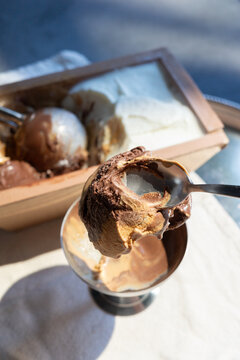 Close-Up of Chocolate and Caramel Ice Cream Scoop
