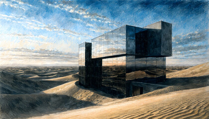 Obraz premium Hyper Detailed Colored Pencil Modern Monolithic Desert Residence with Concrete and Glass Architecture