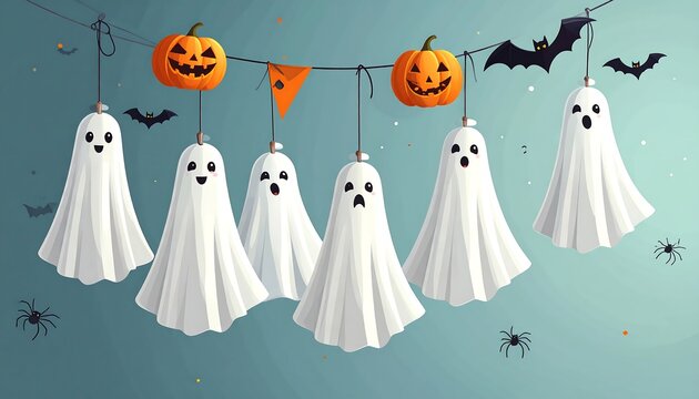Cheerful Halloween scene with ghosts, pumpkins, and bats strung along a string on a gradient blue background