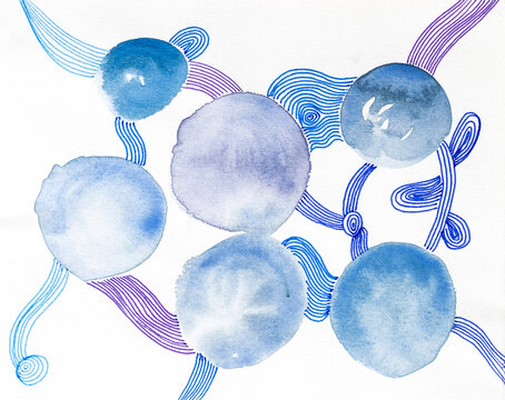 Watercolor Circles connected with Blue and purple lines 
