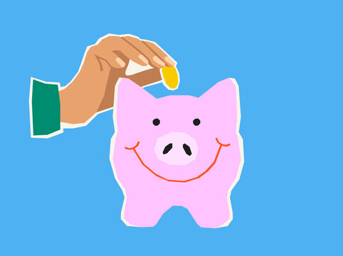 Hand putting coin into piggy bank saving money concept