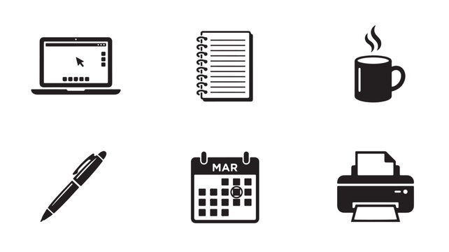Black office icons set including laptop, notebook, coffee cup, pen, calendar, and printer on white background for business and productivity concepts