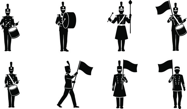 Black and white silhouettes of marching band members in various poses