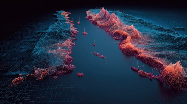 3D topographic map with boats in a strait or channel. This futuristic visualization combines elements of geography, technology. ..Created with Generative AI, not depicting real subjects.