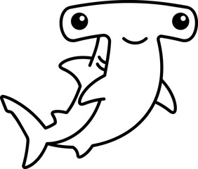 Naklejka premium Cute Hammerhead Shark Cartoon Character, Outline Drawing, Simple Vector Art