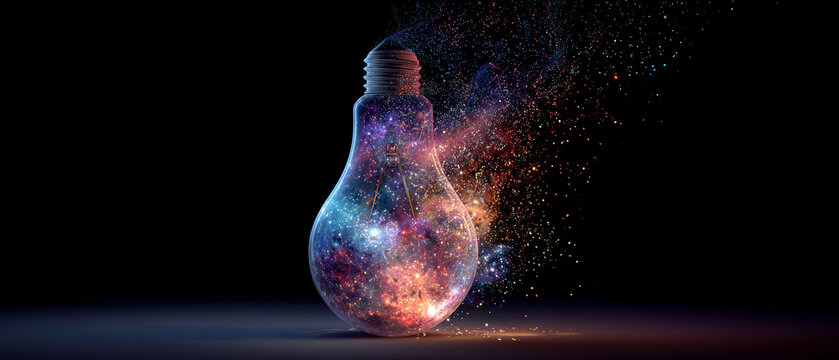 Creative glowing light bulb containing a magical colorful starry galaxy universe and cosmic energy
