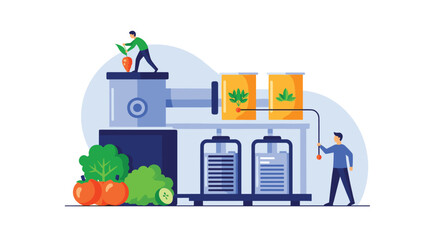 Obraz premium Workers in a modern industrial facility processing fresh vegetables like carrots and tomatoes for food production.