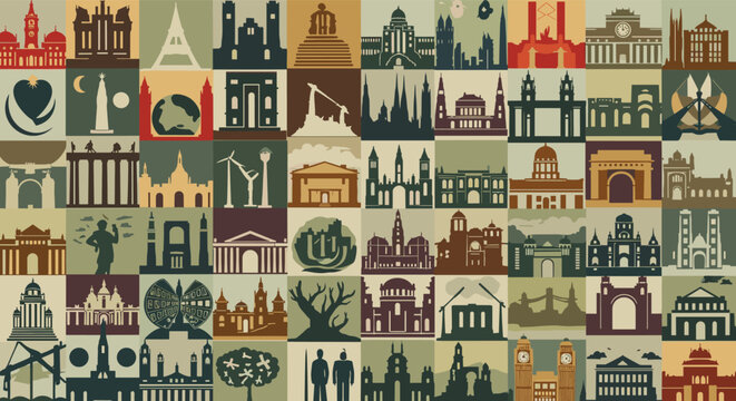 Large collection of diverse architectural landmarks and city icons from around the world arranged in a colorful grid.