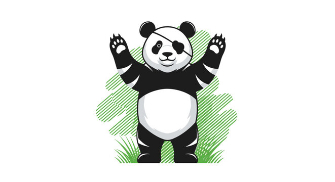 Cute panda bear character dressed as a pirate with an eye patch standing in green grass on a white background.
