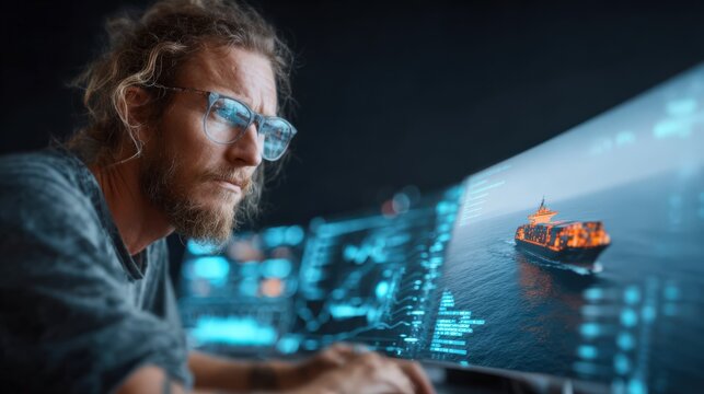 A man with glasses and a beard works on a computer, looking at a screen displaying a cargo ship at sea with glowing data. ..Created with Generative AI, not depicting real subjects.