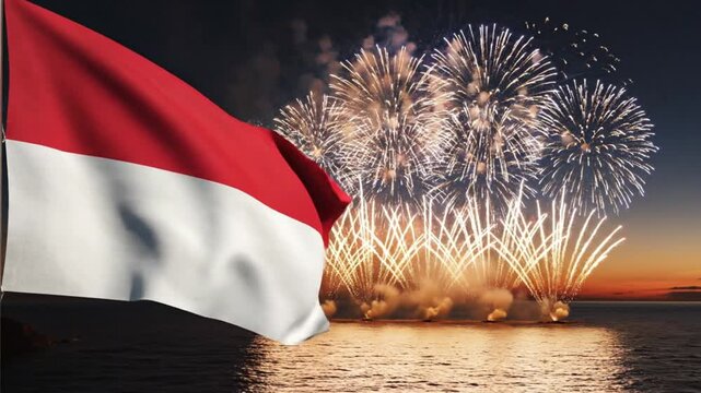 Indonesian Flag Waving with Fireworks Over the Sea at Dusk