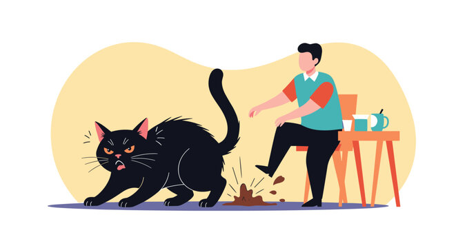 Angry black cat hissing and reacting at a man who has accidentally stepped on its tail near a wooden table.