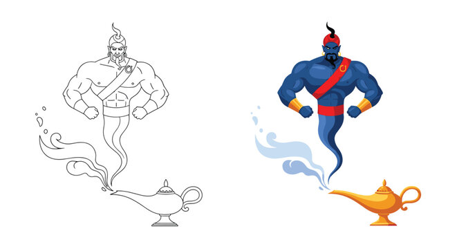 Side by side comparison of a muscular blue genie character as a line drawing and a fully colored illustration.