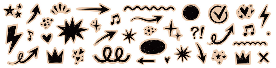 Obraz na płótnie Canvas Paper element scrapbook sticker set. Hand drawn paper collage sticker notebook line crayon arrow star texture. Cute grunge doodle crown lightning diary note punk retro background. Vector illustration