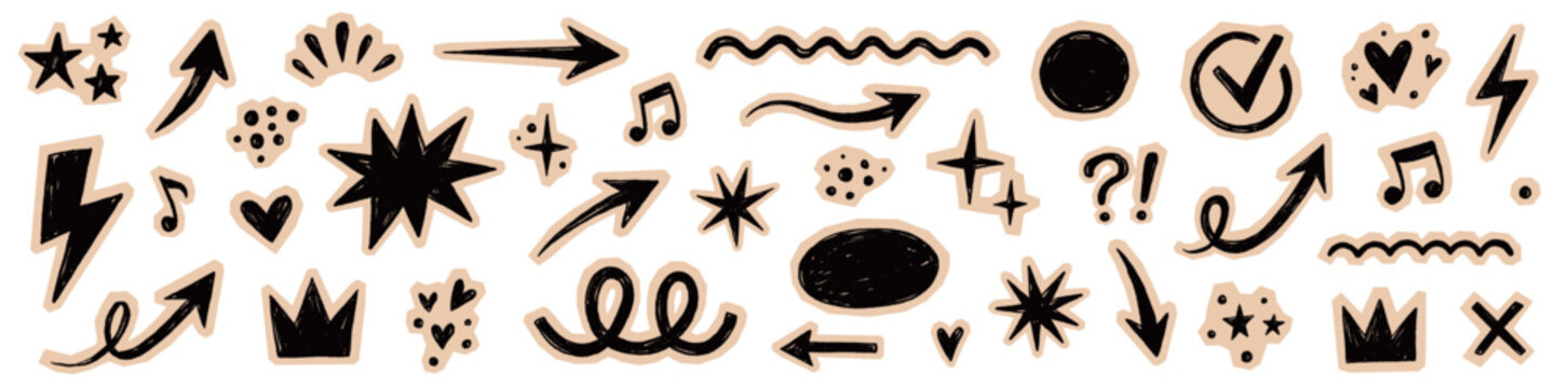 Paper element scrapbook sticker set. Hand drawn paper collage sticker notebook line crayon arrow star texture. Cute grunge doodle crown lightning diary note punk retro background. Vector illustration