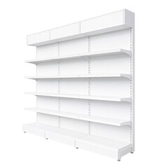 Empty white supermarket wall gondola shelving rack with top header 3D rendering © AKHMADFAIZUL