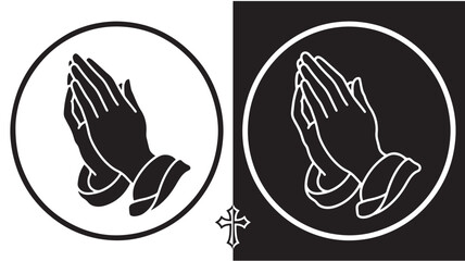 Praying Hands Icon With Cross On White And Black Background For Religion Spirituality Concepts