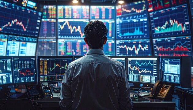 Male stock trader viewed from behind analyzing multiple screens of stock market charts