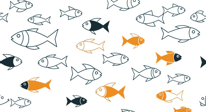 Seamless pattern of minimalist fish silhouettes in black and orange colors swimming across a clean white background surface.